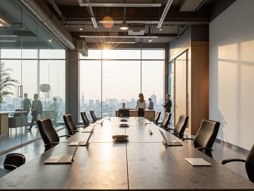 现代化办公环境，宽敞明亮的会议室，员工正在讨论项目方案，室内光线充足，装修现代简约风格