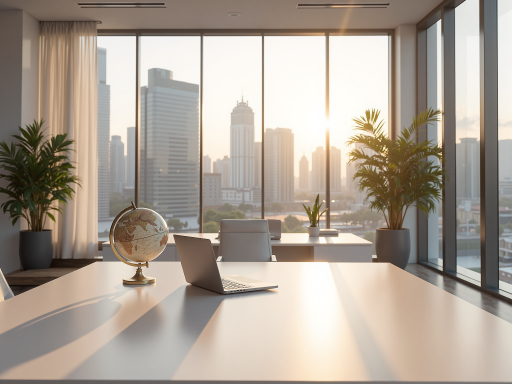 现代化城市天际线，高楼大厦林立，阳光透过玻璃幕墙反射出金色光芒，象征着光明的未来前景